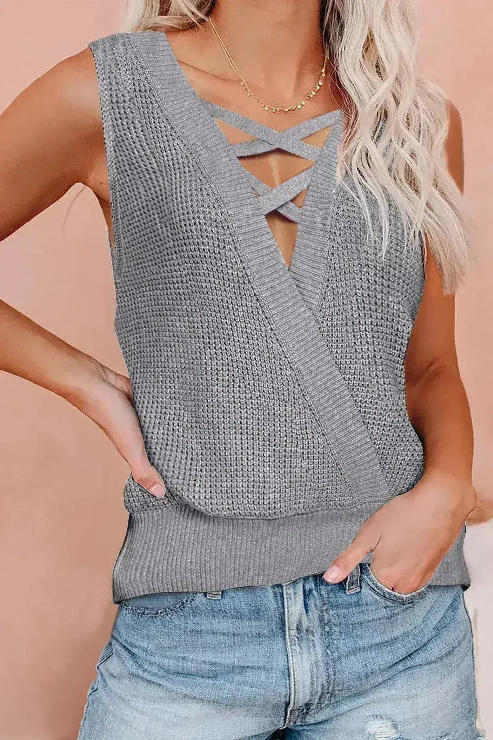 Gray Crisscross Hollow-out Knit Tank Top - SJB-DIAMOND ELITES