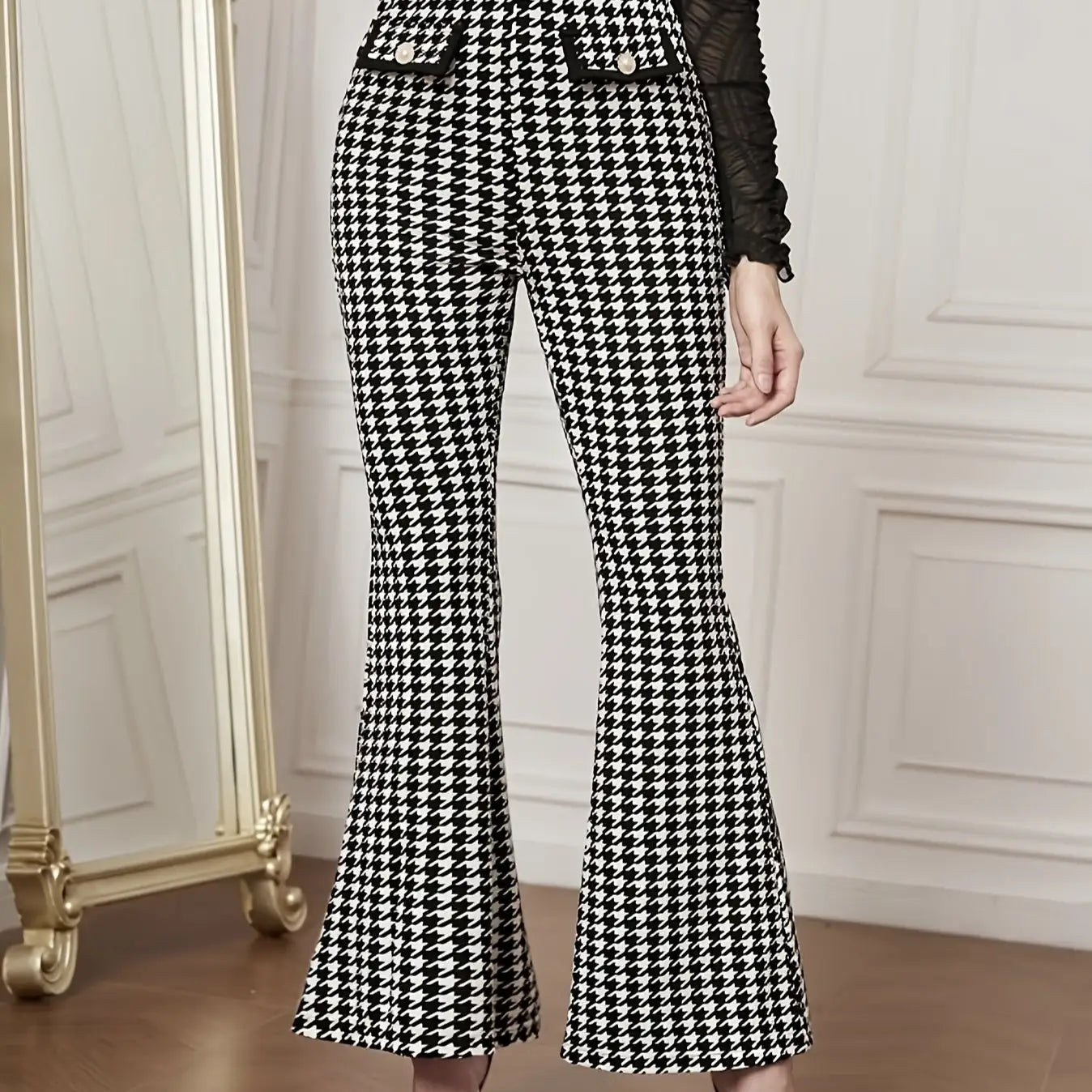 Women's Versatile Pants With Contrasting Colors, High Waisted Front Fake Pocket, Casual And Elegant Style, Hound Print Flared Pants - SJB-DIAMOND ELITES