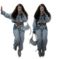 Denim Pant Set Women Two Piece Sets Turn Down Collar Mom Jeans Loose Casual Tops Wide Leg Long Pants High Waist Y2k Streetwear Purplish Diva