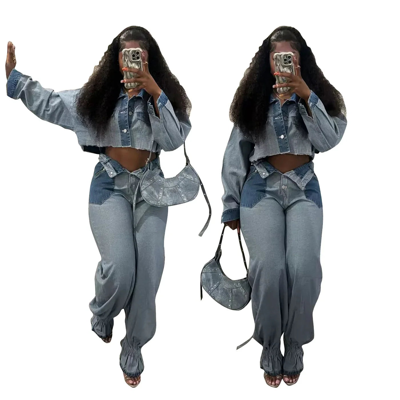 Denim Pant Set Women Two Piece Sets Turn Down Collar Mom Jeans Loose Casual Tops Wide Leg Long Pants High Waist Y2k Streetwear Purplish Diva