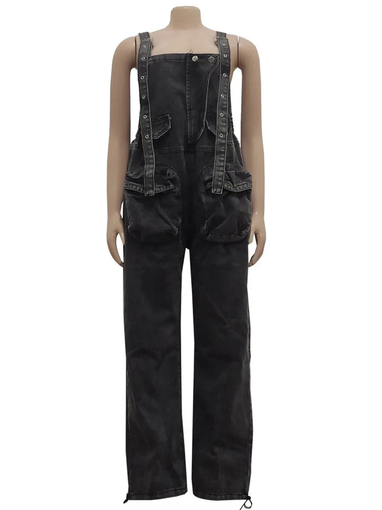 Wmstar Women's Jumpsuit Denim Cargo Pockets One Piece Outfits Wide Leg Black Fashion Streetwear Romper Wholesale Dropshipping Purplish Diva