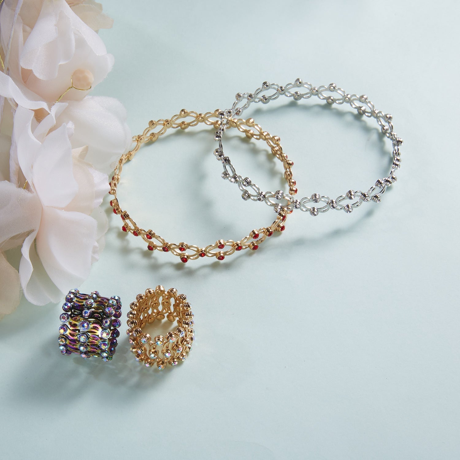 2 In 1 Folding Retractable Rings Bracelet Magic Rhinestone Rings Deformable Bracelet Women Ins Style Adjustable Fashion Jewelry Pi-Mart