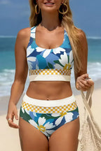 Green Floral Print Racerback High Waist Bikini Swimwear