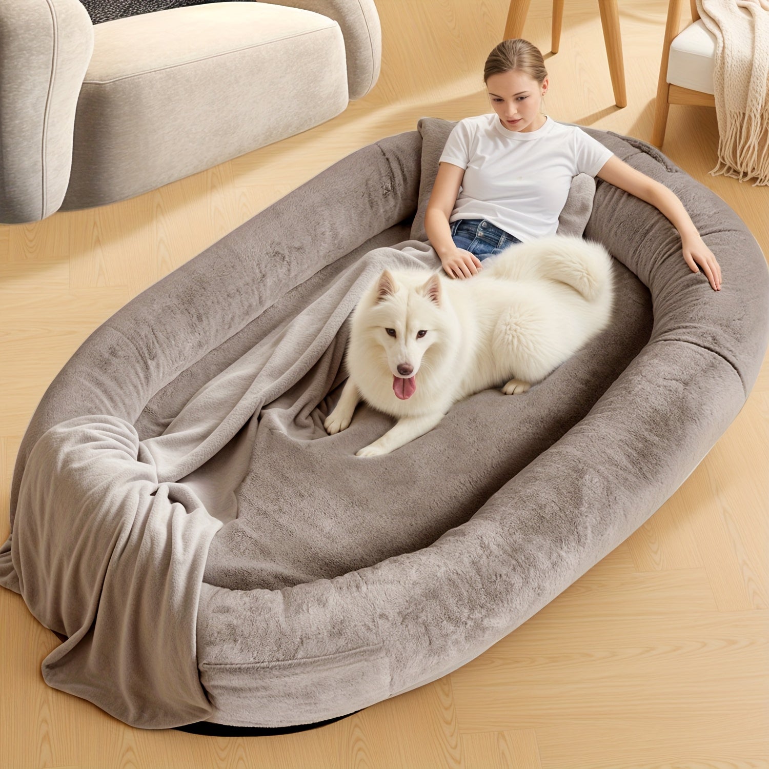 [Cozy Dog Bed] Orthopedic Faux Fur Dog Bed | Cozy Human-Sized Dog Bed For All Breeds - 71"x45"x14" With Blanket And Pillow, Washable, Includes Plush Pillow & Blanket Lootquake LLC