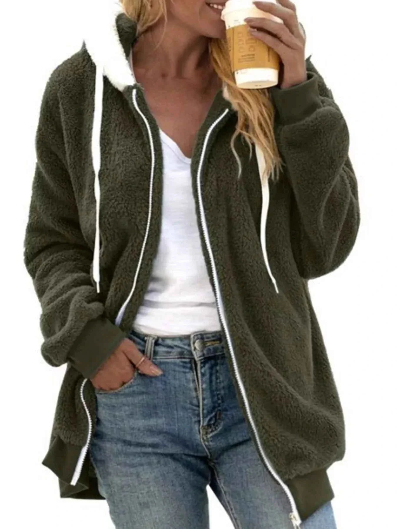 Full Size Cozy Fleece Zip-Up Hooded Jacket Plus Size THRIXINE