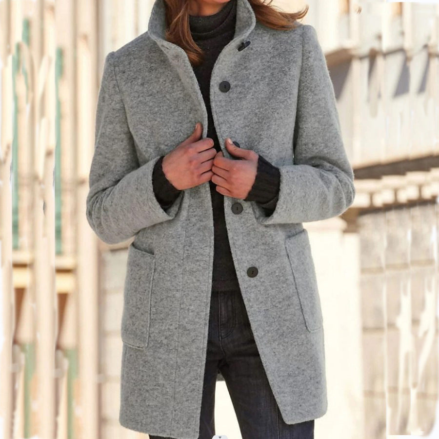 Fashion Stand Collar Woolen Coat With Pockets Fall Winter Casual Button Outwear For Women Clothing Pi-Mart
