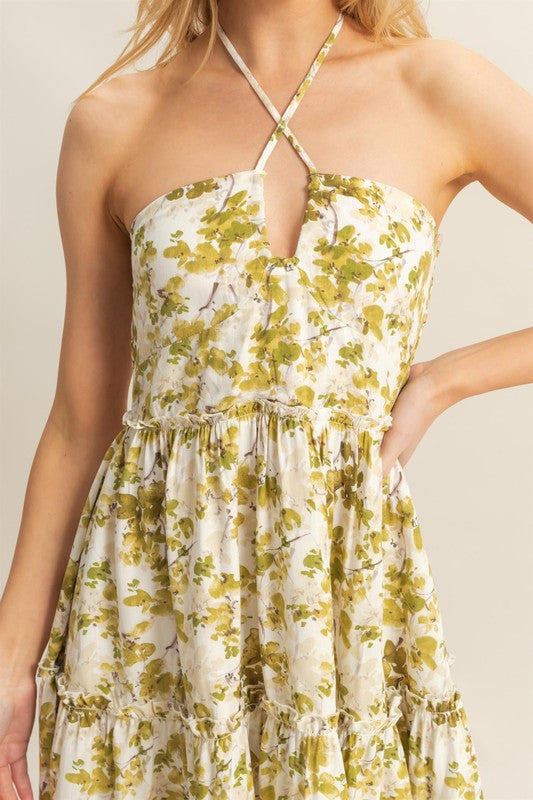 New Summer Floral Print Halter Neck Tiered Mini Dress For Women – Elegant Halter Neckline Dress with Crisscross Detailing and Playful Tiered Skirt Stevvex