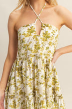 New Summer Floral Print Halter Neck Tiered Mini Dress For Women – Elegant Halter Neckline Dress with Crisscross Detailing and Playful Tiered Skirt Stevvex