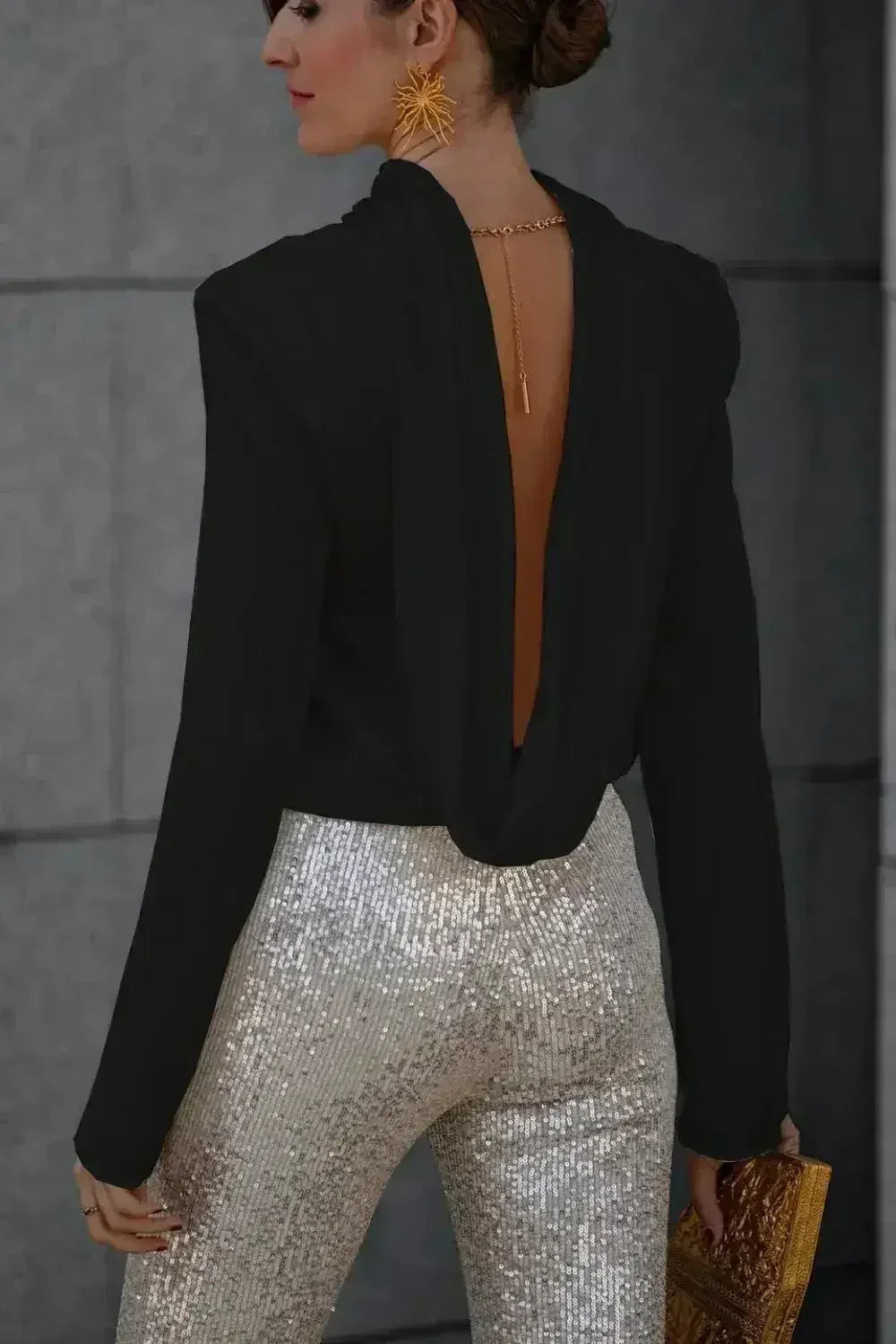 Backless Cowl Neck Long Sleeve Blouse – Elegant & Stylish | Femstylo - SJB-DIAMOND ELITES