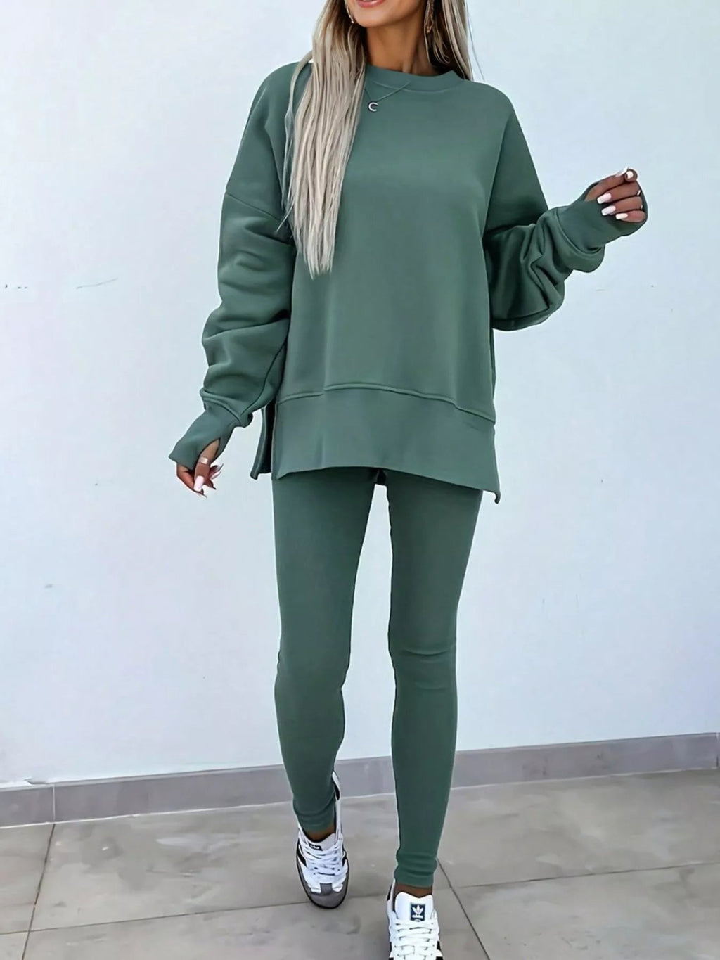 Oversized Slit Sweatshirt and Ribbed Leggings 2pcs Set THRIXINE