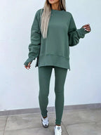 Oversized Slit Sweatshirt and Ribbed Leggings 2pcs Set THRIXINE
