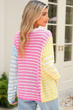 Multicolour Colorblock Striped Patchwork Dolman Sleeve Slit Sweater