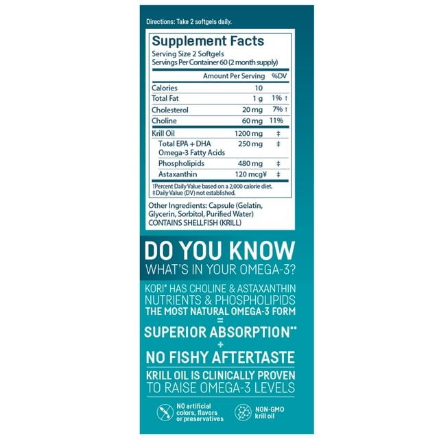 Kori Krill Oil Omega-3 600mg, 120 Softgels | Superior Omega-3 Absorption vs Fish Oil | No Fishy Burps | Omega-3 Supplement for Heart, Brain, Joint, Eye, Skin & Immune Health EasyOptionXY LLC