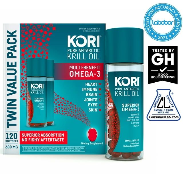 Kori Krill Oil Omega-3 600mg, 120 Softgels | Superior Omega-3 Absorption vs Fish Oil | No Fishy Burps | Omega-3 Supplement for Heart, Brain, Joint, Eye, Skin & Immune Health EasyOptionXY LLC