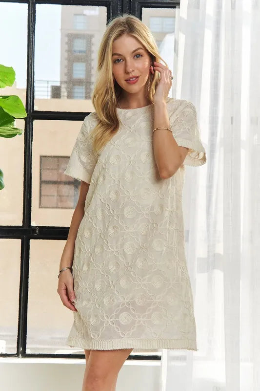 Applique Round Neck Short Sleeve Shift Dress – Timeless & Elegant Round Neck Shift Dress with Sophisticated Applique Detailing for Versatile Day-to-Night Wear Stevvex