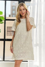 Applique Round Neck Short Sleeve Shift Dress – Timeless & Elegant Round Neck Shift Dress with Sophisticated Applique Detailing for Versatile Day-to-Night Wear Stevvex