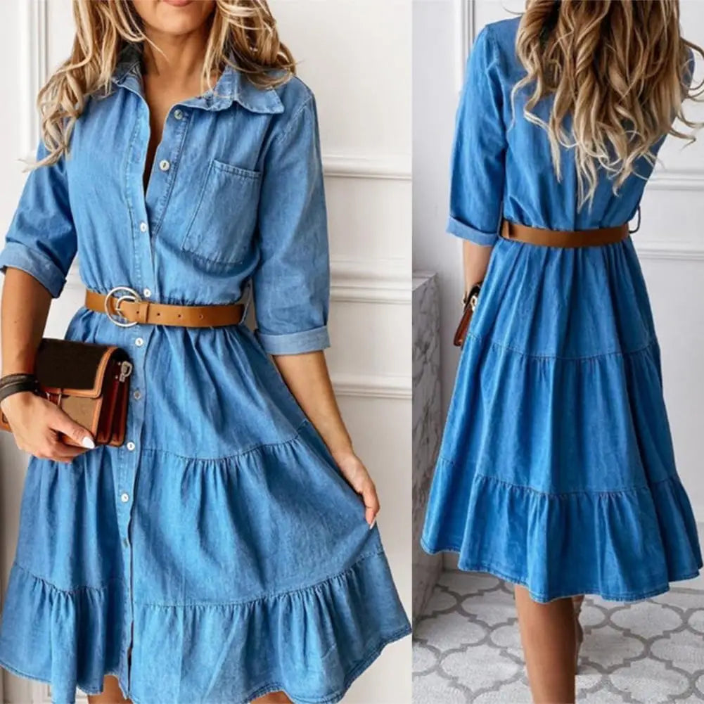 Denim Dress Three Quarter Sleeve with Belt Turn-down Collar Spring Autumn Buttons Ruffle Jeans Dresses for women 2023 Purplish Diva