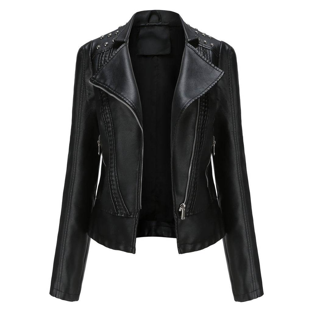 Beaded Leather Women's Long-sleeved Fashion Jacket Lapel Motorcycle Clothing Thin Women's Jacket Pi-Mart