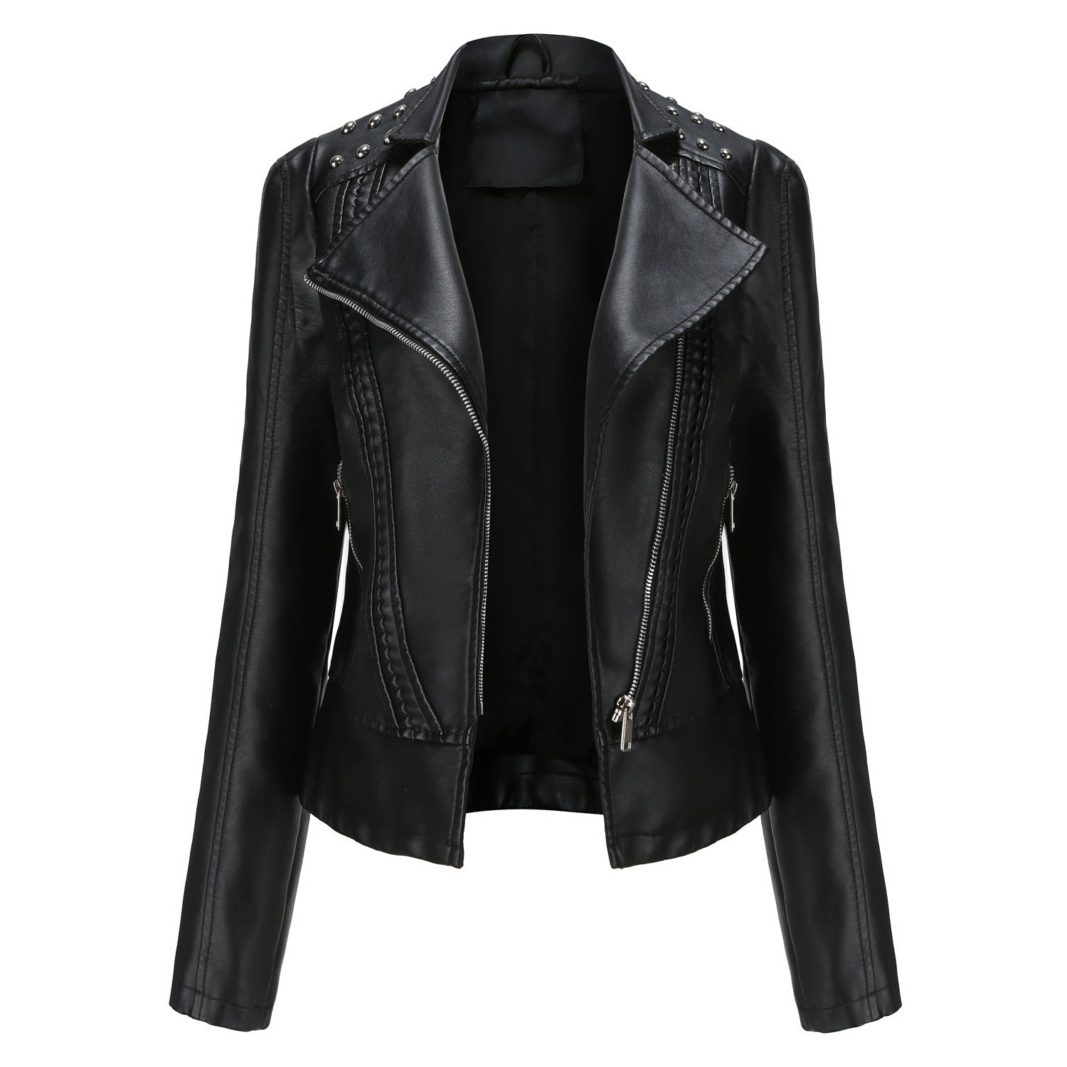 Beaded Leather Women's Long-sleeved Fashion Jacket Lapel Motorcycle Clothing Thin Women's Jacket Pi-Mart