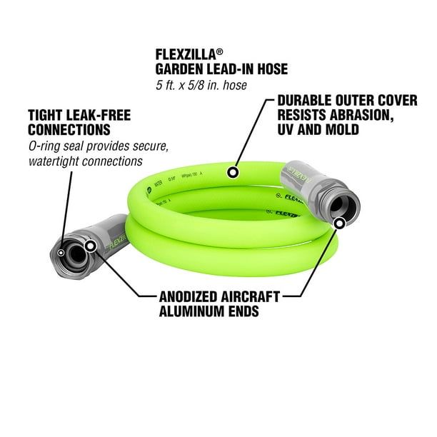 Flexzilla? Garden Lead-in Hose, 5/8" x 5', 3/4" - 11 1/2 GHT Fittings, ZillaGreen?