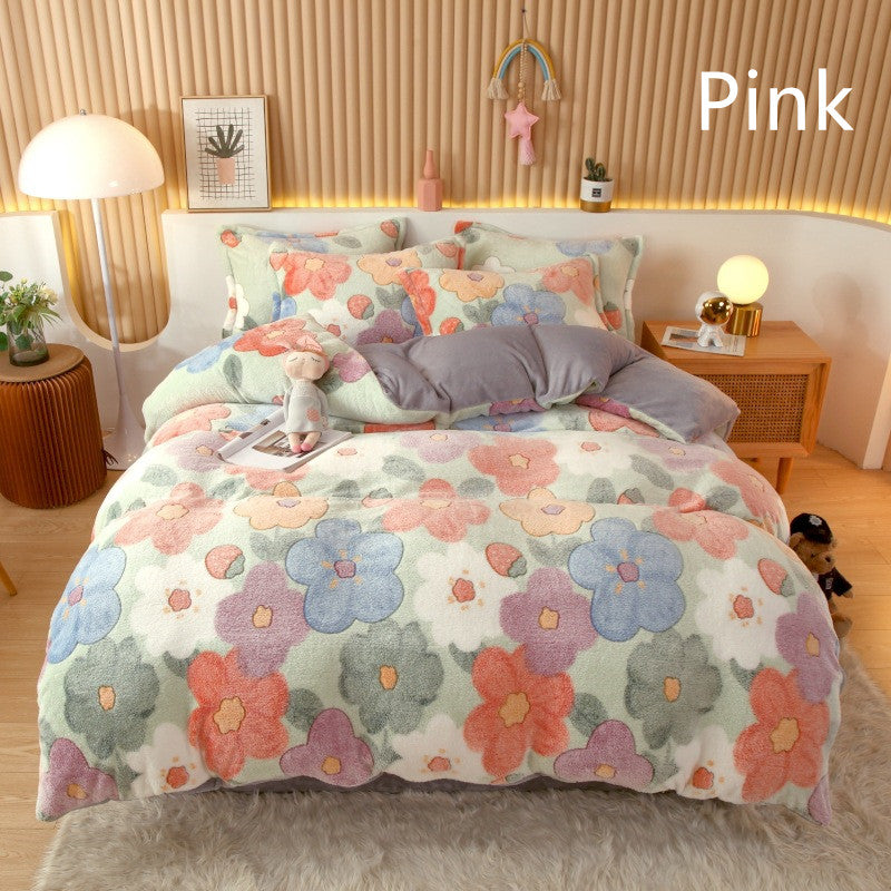 Coral Fleece Duvet Cover Sheet Flannel Pillowcase Pi-Mart