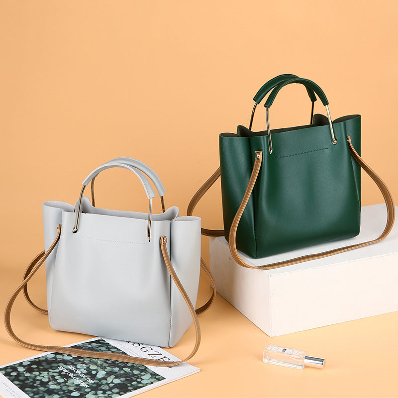 Bag Women Summer New Korean Pure Color Women's Handbag Metal Handle Leisure Shoulder Bag Women's Bag Pi-Mart