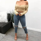 Cotton black short crop top Women autumn v neck off shoulder - SJB-DIAMOND ELITES