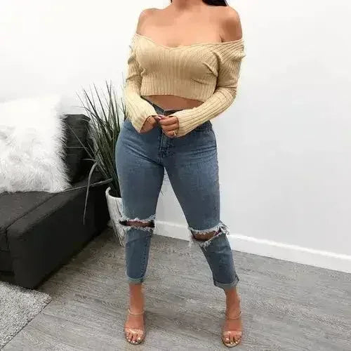 Cotton black short crop top Women autumn v neck off shoulder - SJB-DIAMOND ELITES