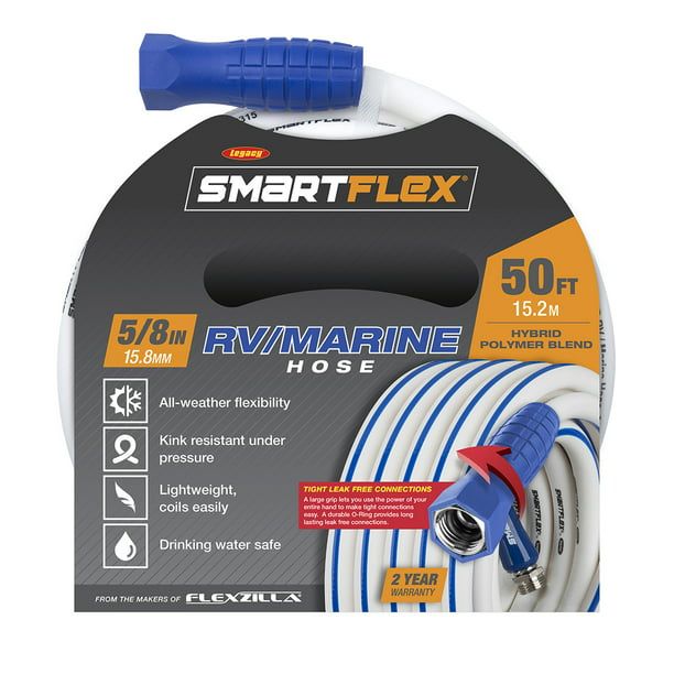 SmartFlex? RV/Marine Hose, 5/8" x 50', 3/4" - 11 1/2 GHT Fittings, Hybrid Polymer Blend, White