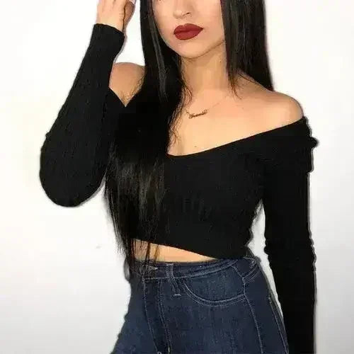 Cotton black short crop top Women autumn v neck off shoulder - SJB-DIAMOND ELITES