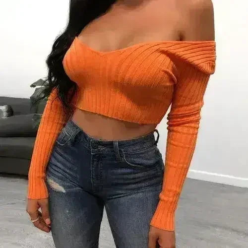 Cotton black short crop top Women autumn v neck off shoulder - SJB-DIAMOND ELITES