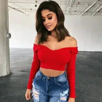 Cotton black short crop top Women autumn v neck off shoulder - SJB-DIAMOND ELITES