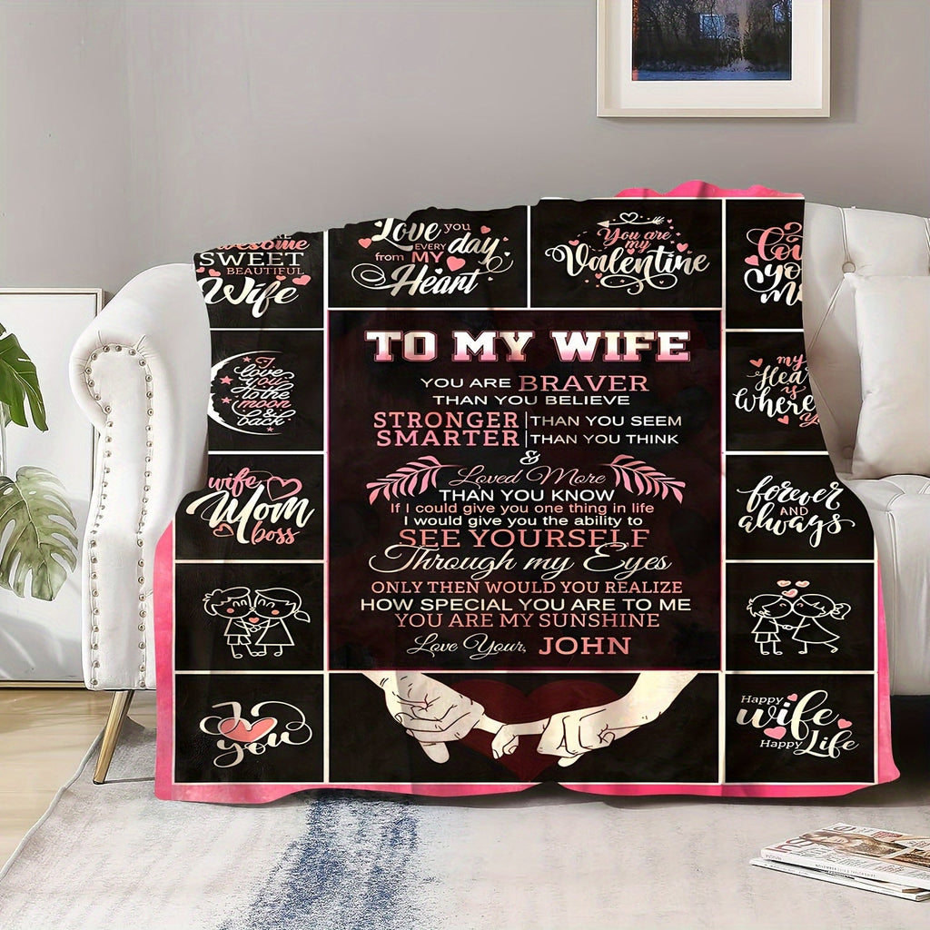 Personalized Romantic Love Message Flannel Throw Blanket for Wife - Soft, Cozy, All-Season Lodge Style with Knitted Polyester, Digital Print Character Theme, Special Feature Love Statements, 200-250g Lootquake LLC