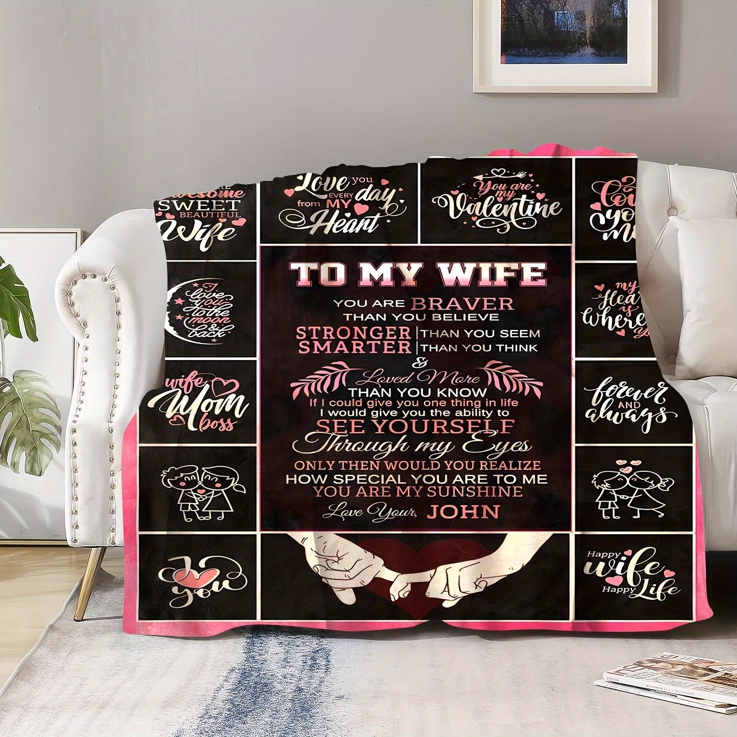 Personalized Romantic Love Message Flannel Throw Blanket for Wife - Soft, Cozy, All-Season Lodge Style with Knitted Polyester, Digital Print Character Theme, Special Feature Love Statements, 200-250g Lootquake LLC