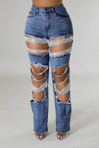 Women's Destroyed Ripped Hole Denim Pants Pearl Rhinestones Chain Distressed Slim Fit Skinny Jeans Y2K Night Club Party Jeans Purplish Diva