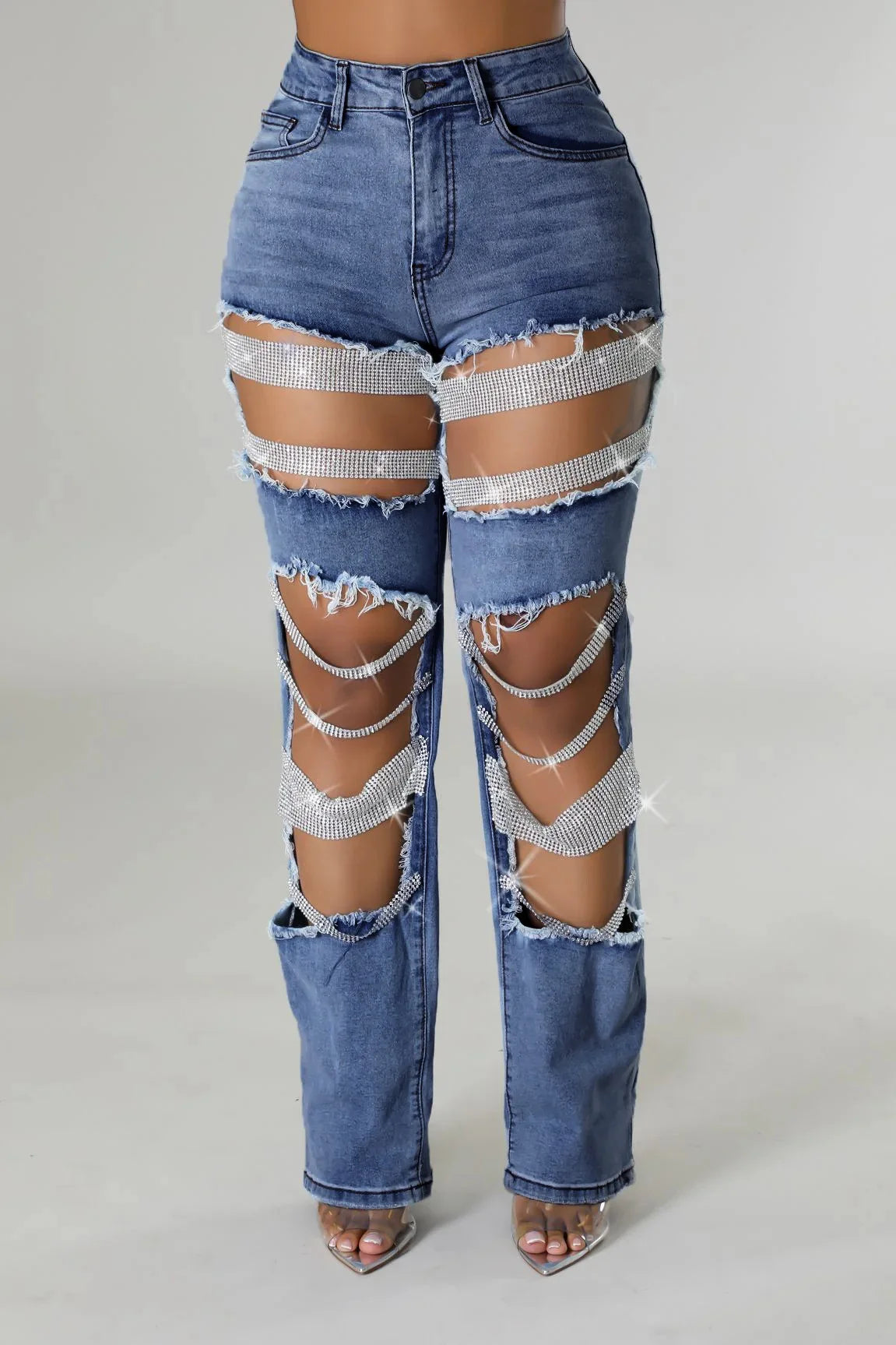 Women's Destroyed Ripped Hole Denim Pants Pearl Rhinestones Chain Distressed Slim Fit Skinny Jeans Y2K Night Club Party Jeans Purplish Diva