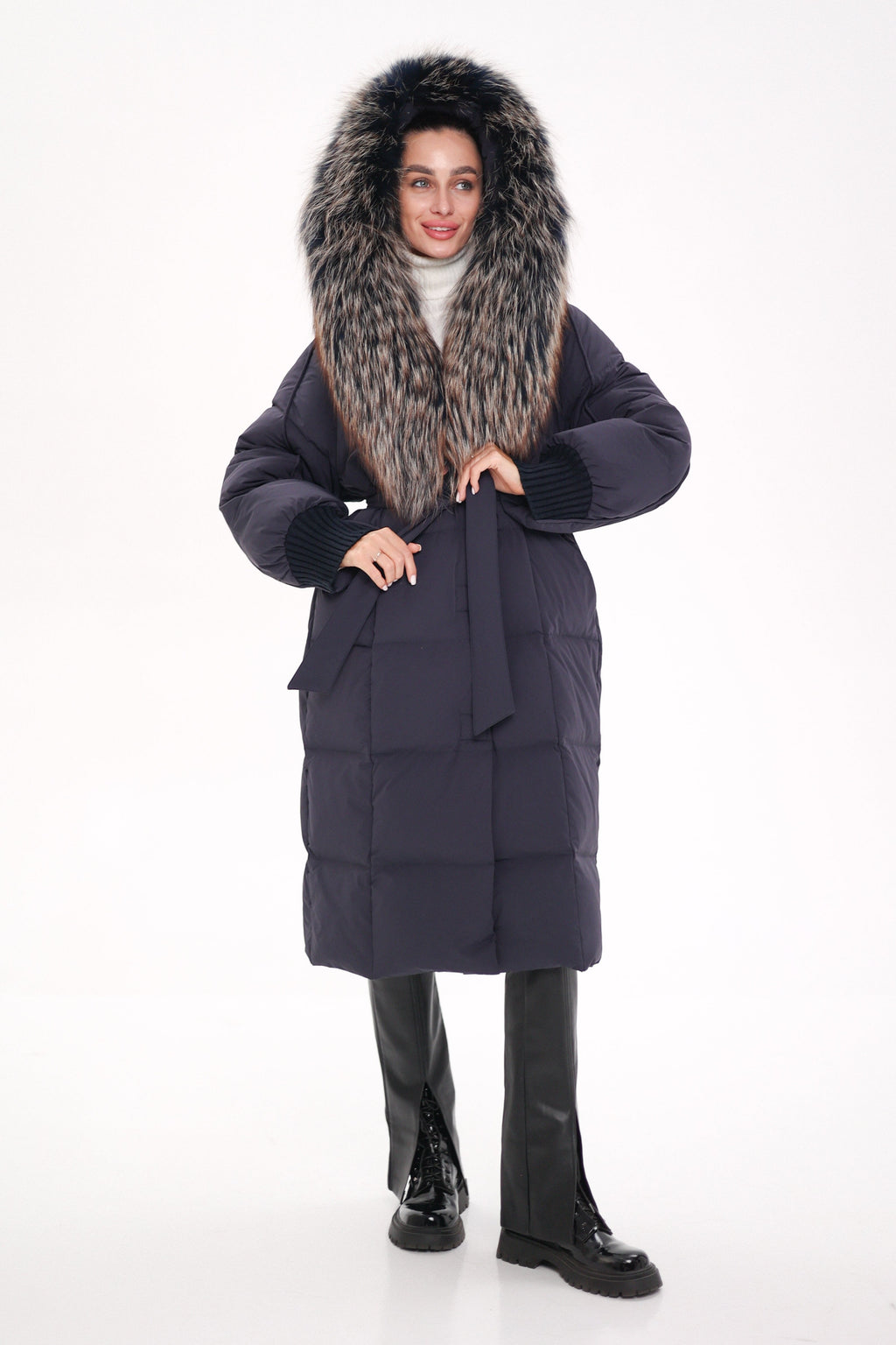 Rei Genuine Fur Trim Hooded Down Coat in Navy - SJB-DIAMOND ELITES
