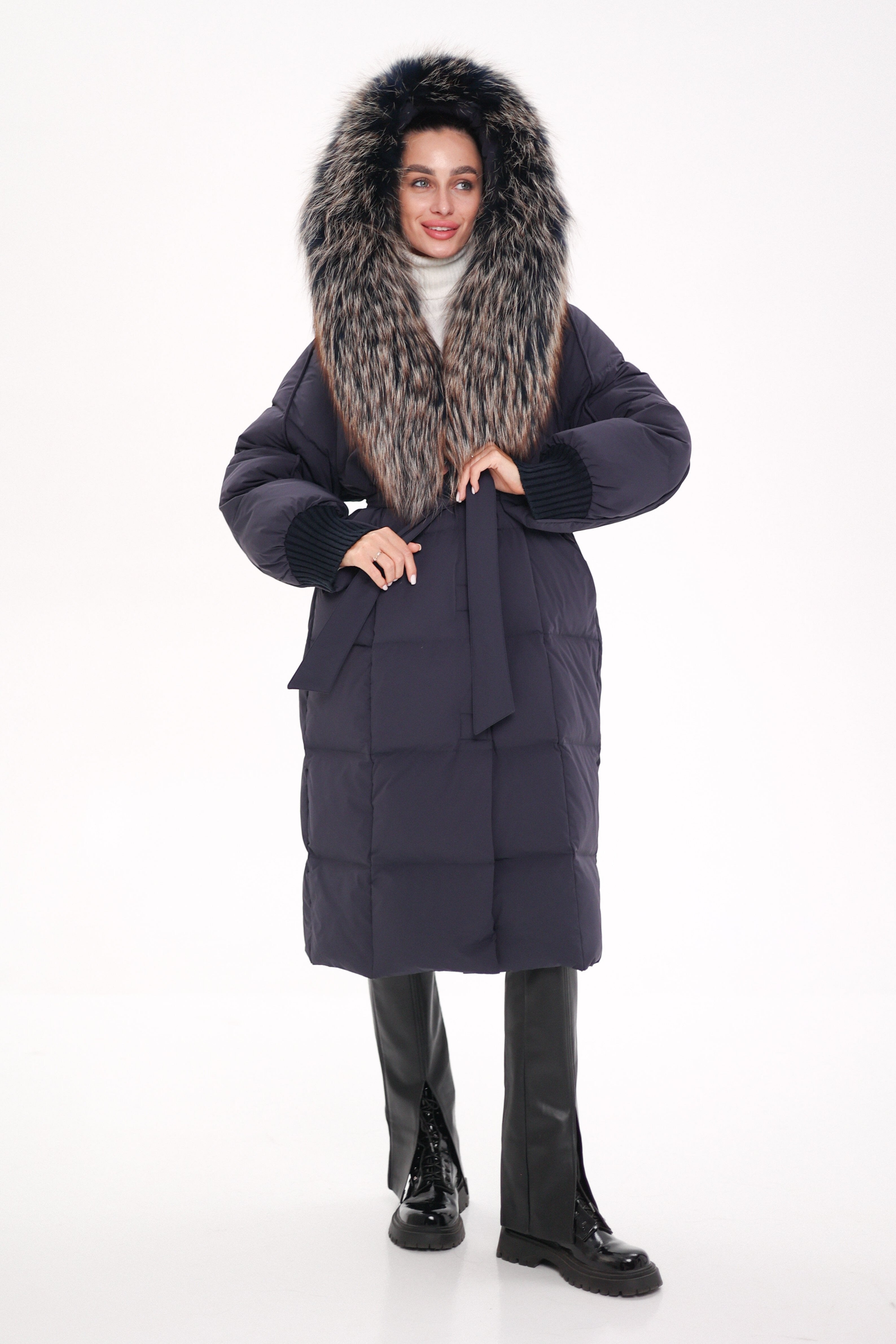 Rei Genuine Fur Trim Hooded Down Coat in Navy - SJB-DIAMOND ELITES