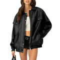 Women's Leather Jacket Loose Long Sleeve Lapel Motorcycle Jacket Pi-Mart