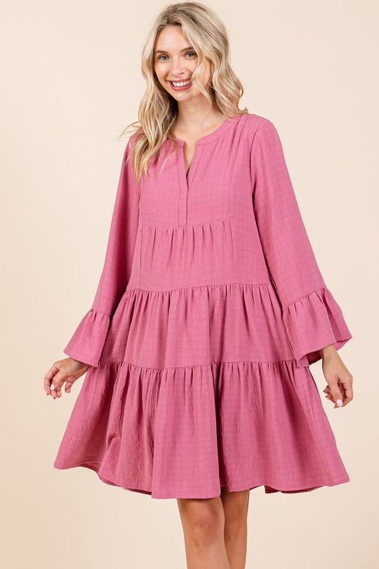 Tiered Notched Flare Sleeve Dress – Fluttering, Playful and Stylish Dress with Ruffled Layers and Trendy Flare Sleeves Stevvex