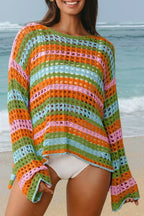 Purple Striped Hollow Knit Summer Beach Cover Up