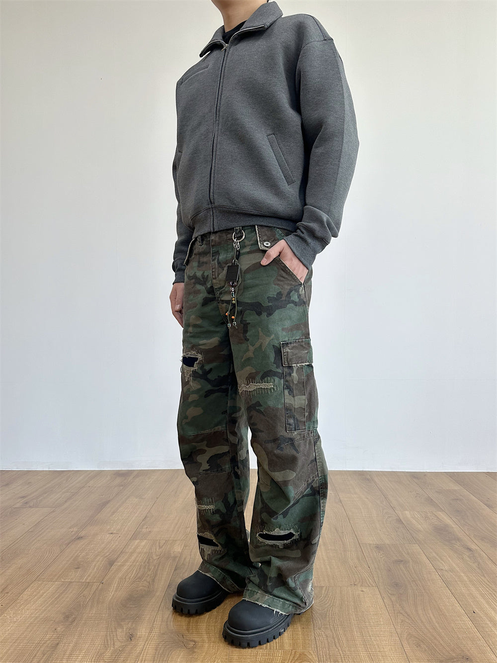 Distressed Military Camouflage Destruction Affixed Cloth Embroidered Loose Straight Cargo Pants Lootquake LLC