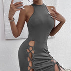 Women's Solid Color Sleeveless Skirt With Slit And Cross Tie, Sexy Tight Fitting Hip Hugging Dress, Short Skirt - SJB-DIAMOND ELITES