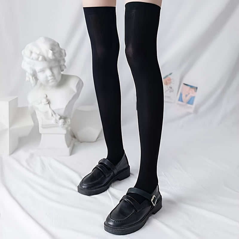 Elastic Solid Thigh High Socks, Japanese Style Over The Knee Socks, Women's Stockings & Hosiery Lootquake LLC