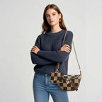 Checkerboard Canvas Crossbody Bag - 2-in-1 Compact Chest Bag & Fanny Pack with Earphone Storage
