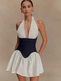 JULISSA MO Patchwork Sexy Deep V-neck Denim Mini Dress Women White Backless Halter Dress Summer Slim Elegant Party Club Outfits Purplish Diva