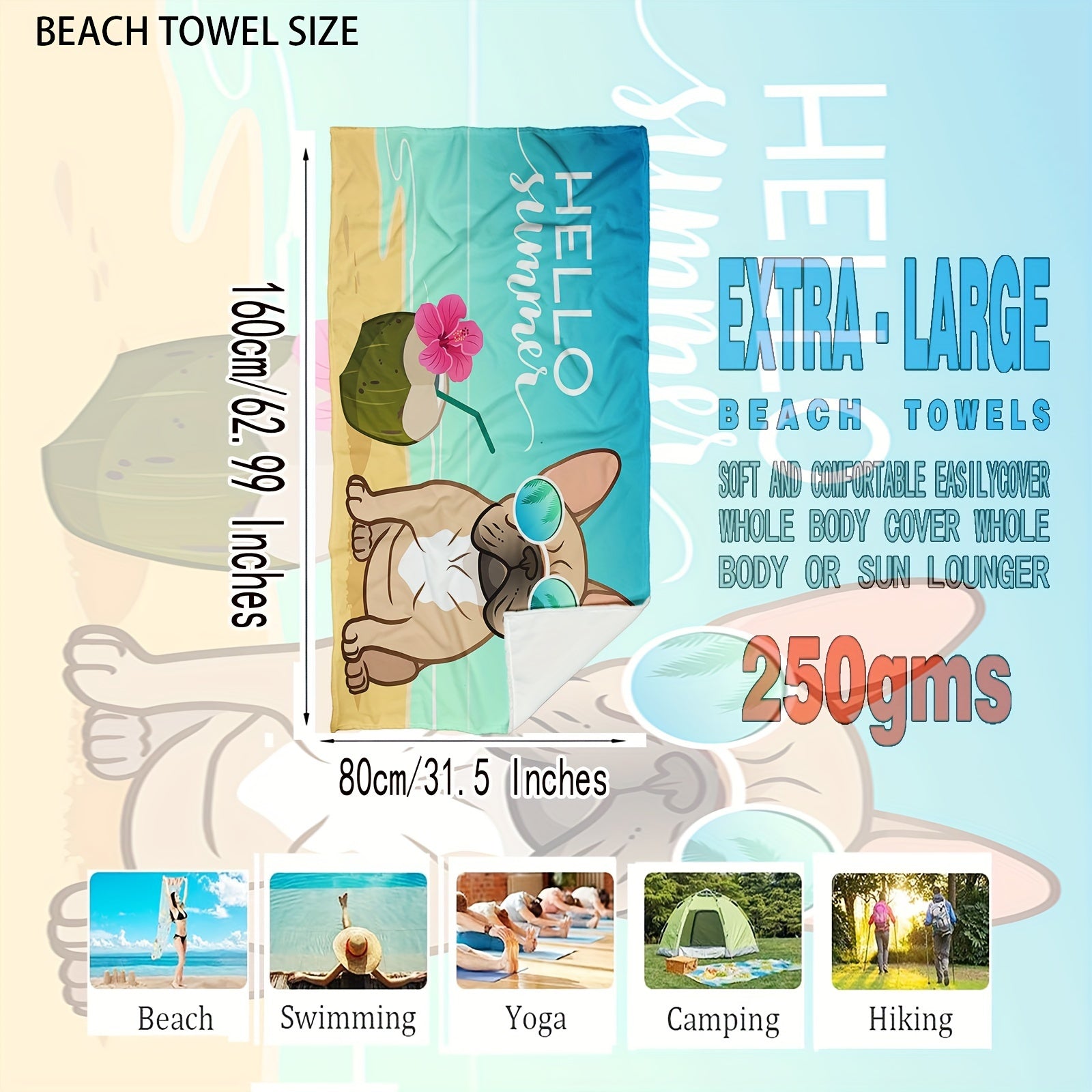1pc Adorable Bulldog Pattern Beach Towel - Ultra-Soft, XLarge & Quick-Dry Blanket for Summer Fun - Perfect for Pool, Camping, Travel & Beach Adventures - A Must-Have Beach Accessory