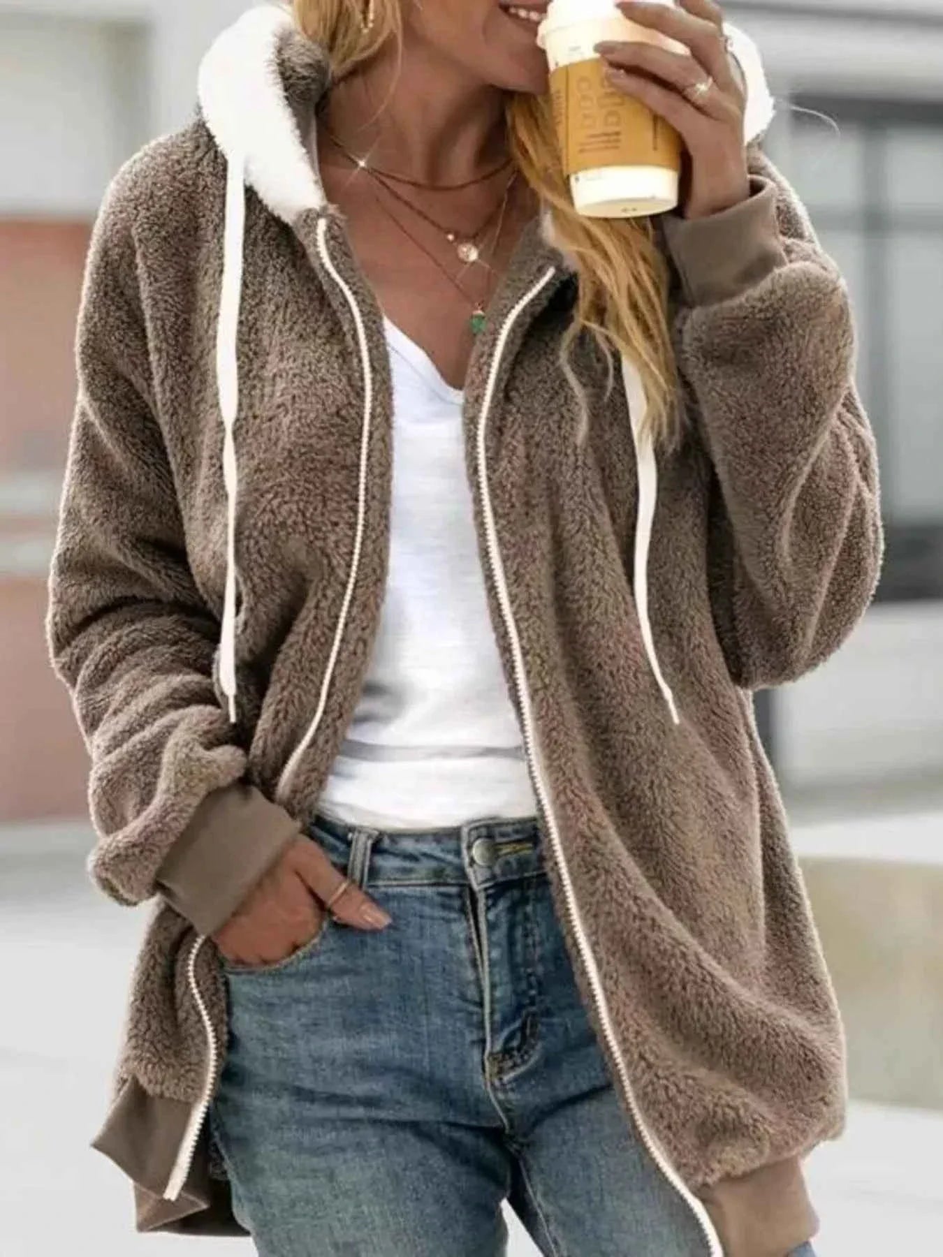 Full Size Cozy Fleece Zip-Up Hooded Jacket Plus Size THRIXINE