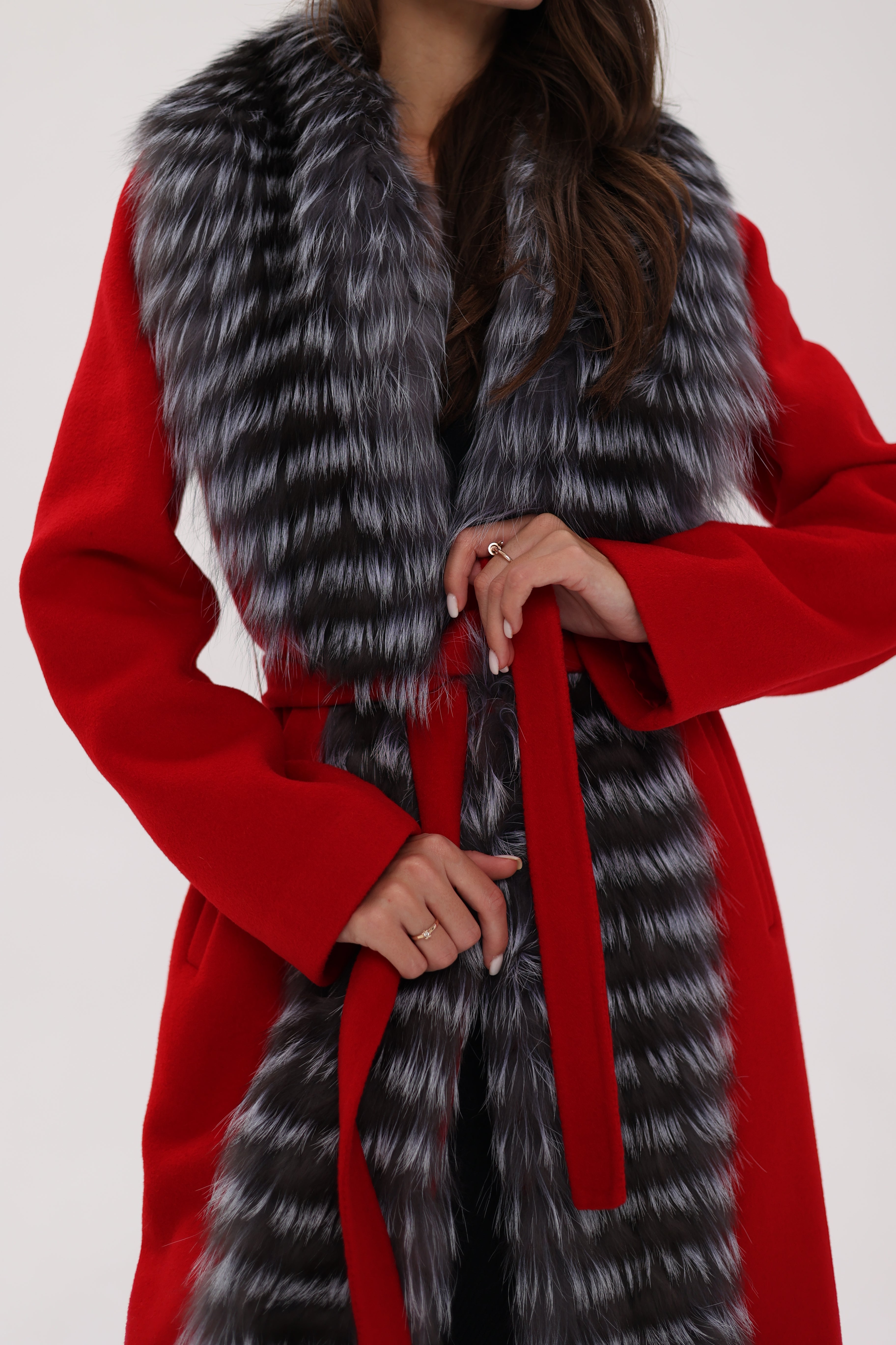 Genuine Silver Fox Virgin Wool Wrap Coat in Red - SJB-DIAMOND ELITES