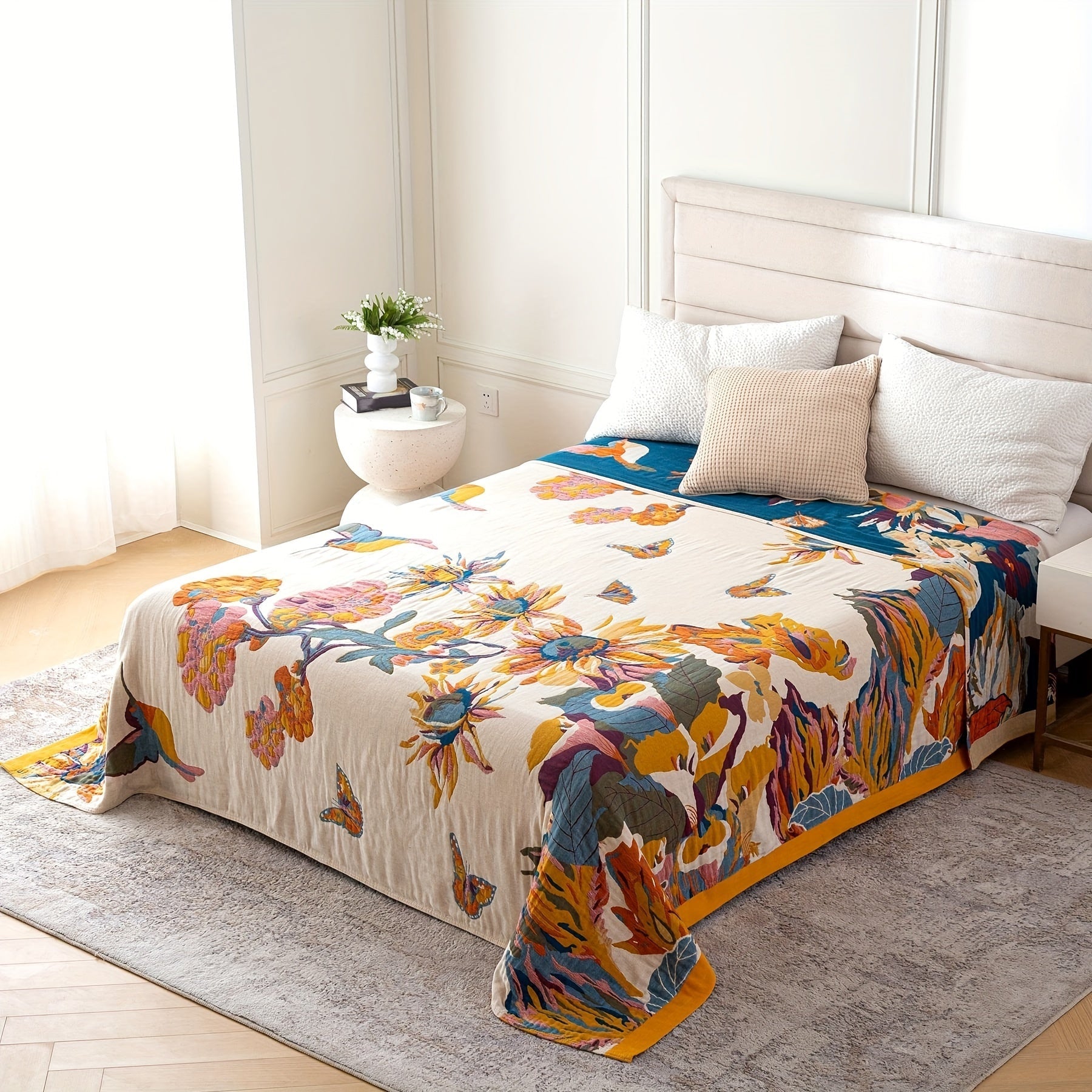 1pc Boho Throw Blanket, 100% Cotton Ultra Soft Bed Throw- Floral Bird And Butterfly Farmhouse Decor Bed Blankets, 60"×80" All Season Blanket For Sofa Couch Chair Lootquake LLC